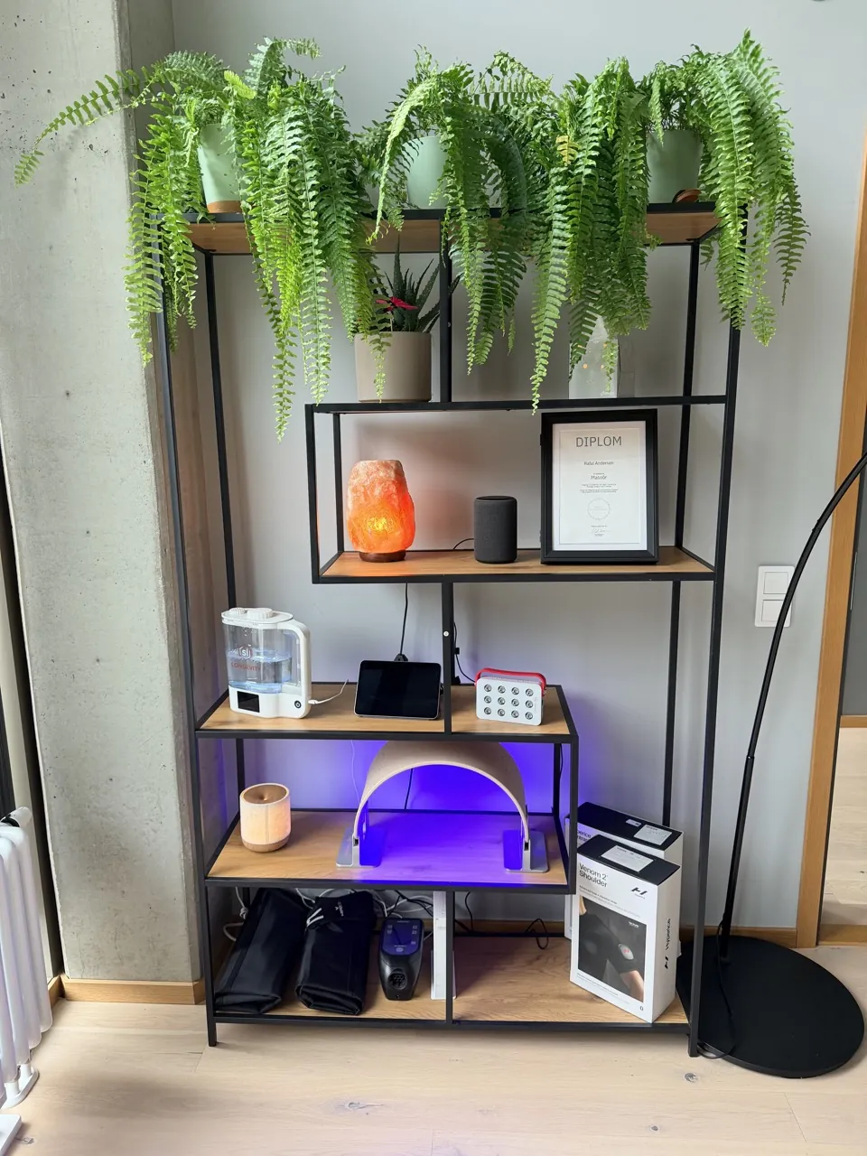 Hylla i Synergy-studion med Rafals diplom, LED-utrustning och Normatec-kompression.